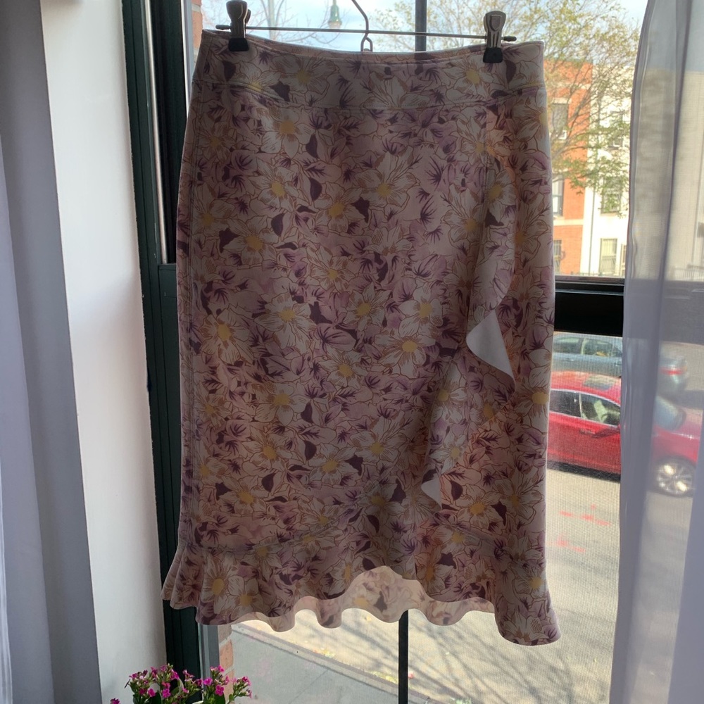Anthropologie Skye Floral Ruffled Suede Midi Skirt